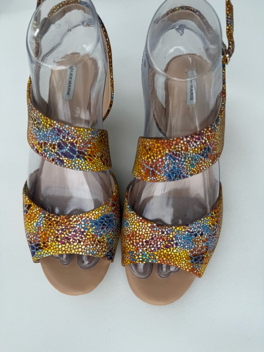 Alex Marie Mosaic Leather Multicolored Buckle Mid-Height Heeled Sandal Size 7.5M - Picture 2 of 9